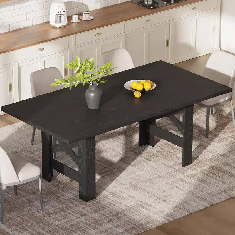 Table à manger rectangulaire de ferme de 180 cm pour 6-8 personnes, avec cadre en acier robuste en forme de X et plateau épais aspect bois, idéale pour les réunions de famille.