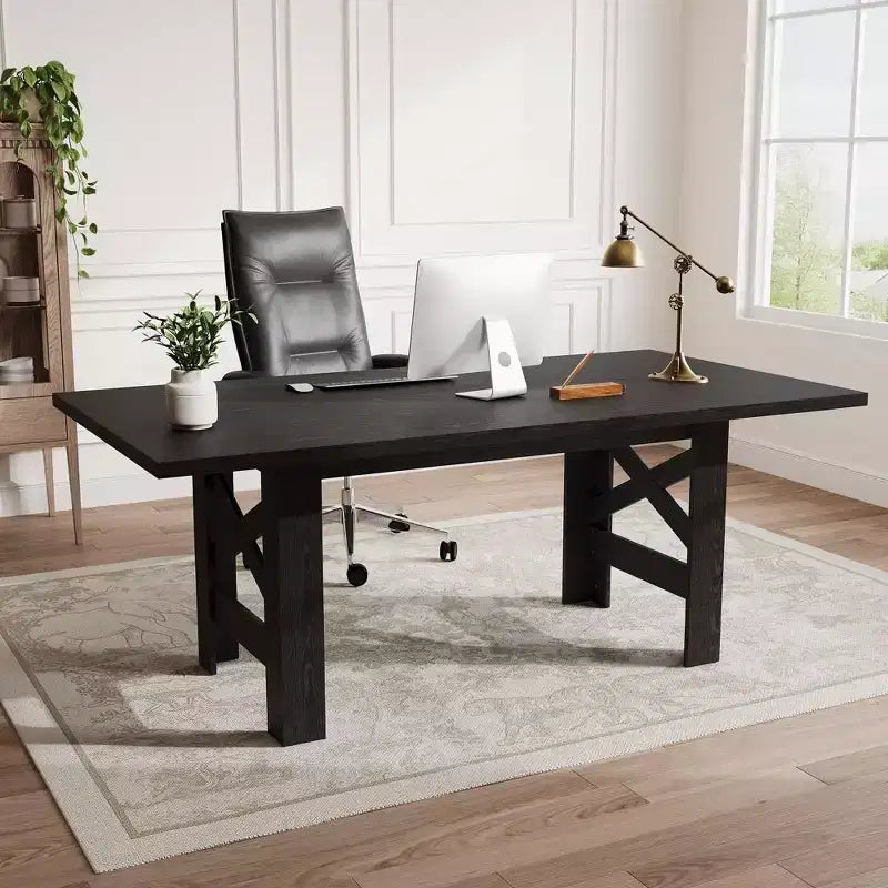 Table à manger rectangulaire de ferme de 180 cm pour 6-8 personnes, avec cadre en acier robuste en forme de X et plateau épais aspect bois, idéale pour les réunions de famille.