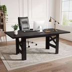 Table à manger rectangulaire de ferme de 180 cm pour 6-8 personnes, avec cadre en acier robuste en forme de X et plateau épais aspect bois, idéale pour les réunions de famille.