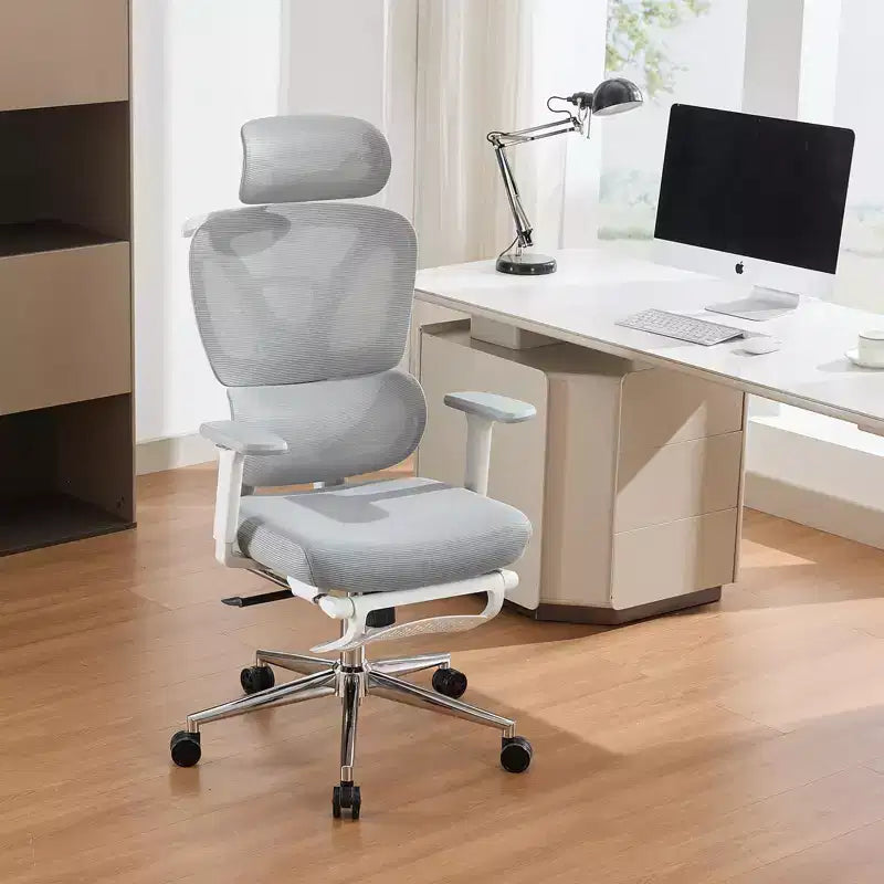 Ergonomic Mesh Office Chair  High Back, Adjustable Headrest, 3D Armrests, Lumbar Support, Footrest, Breathable Seat  White Frame/Grey Mesh