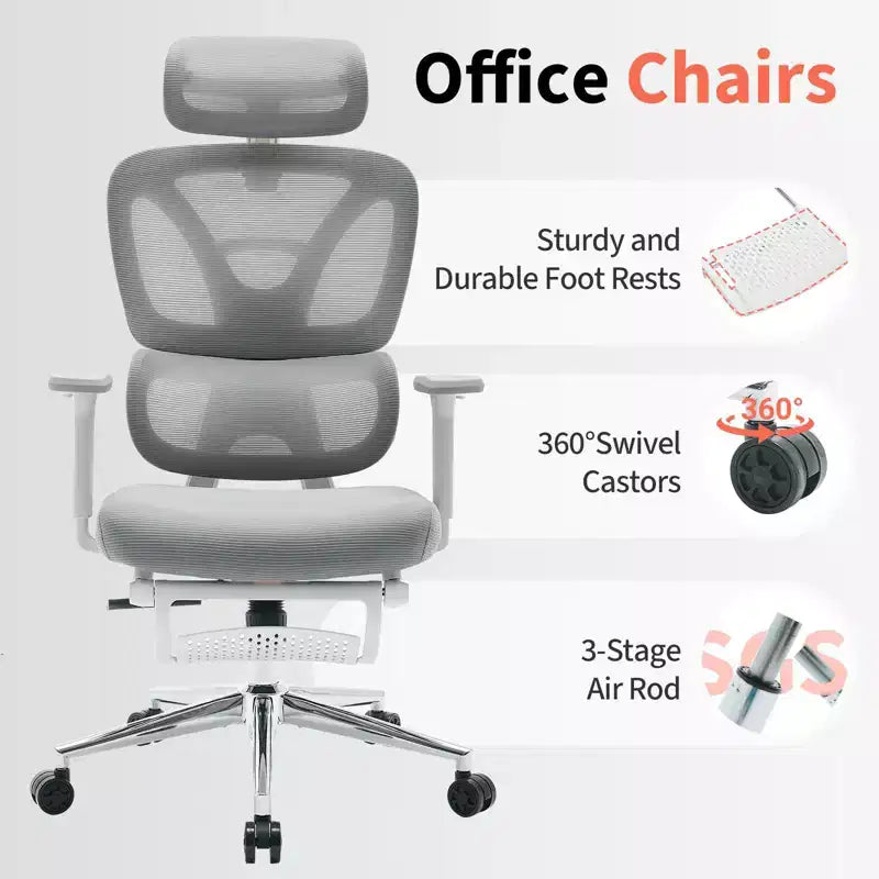 Chaise de Bureau Ergonomique en Maille Dossier Haut, Appui-tête Réglable, Accoudoirs 3D, Support Lombaire, Repose-pieds, Assise Respirante – Cadre Blanc/Maille Grise