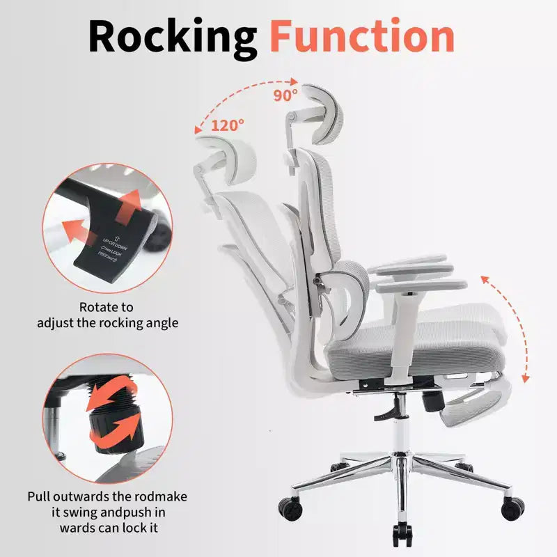 Chaise de Bureau Ergonomique en Maille Dossier Haut, Appui-tête Réglable, Accoudoirs 3D, Support Lombaire, Repose-pieds, Assise Respirante – Cadre Blanc/Maille Grise
