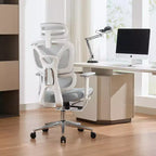 Chaise de Bureau Ergonomique en Maille Dossier Haut, Appui-tête Réglable, Accoudoirs 3D, Support Lombaire, Repose-pieds, Assise Respirante – Cadre Blanc/Maille Grise