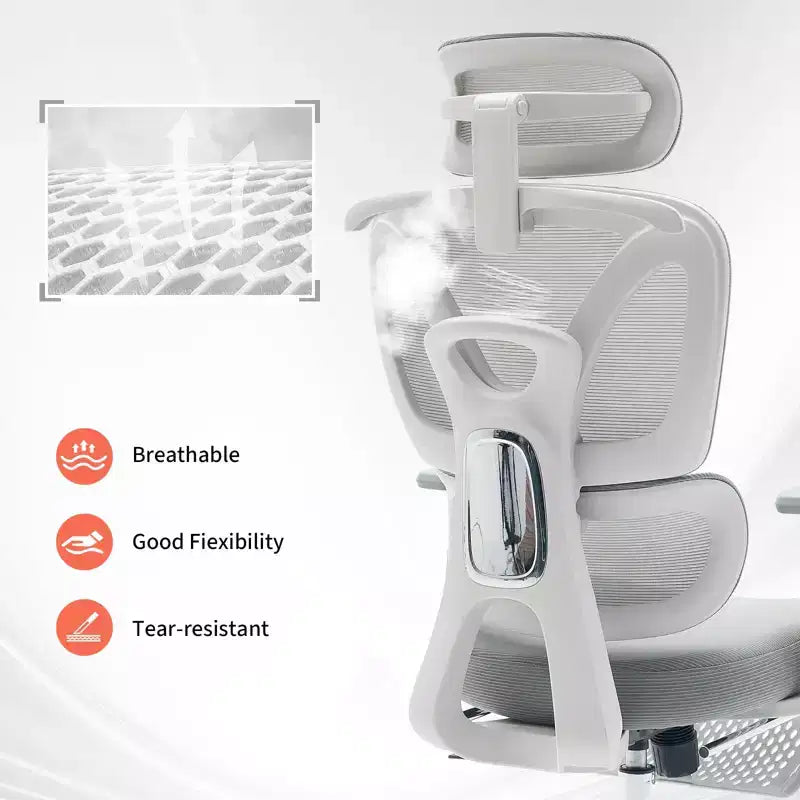 Chaise de Bureau Ergonomique en Maille Dossier Haut, Appui-tête Réglable, Accoudoirs 3D, Support Lombaire, Repose-pieds, Assise Respirante – Cadre Blanc/Maille Grise