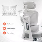 Chaise de Bureau Ergonomique en Maille Dossier Haut, Appui-tête Réglable, Accoudoirs 3D, Support Lombaire, Repose-pieds, Assise Respirante – Cadre Blanc/Maille Grise