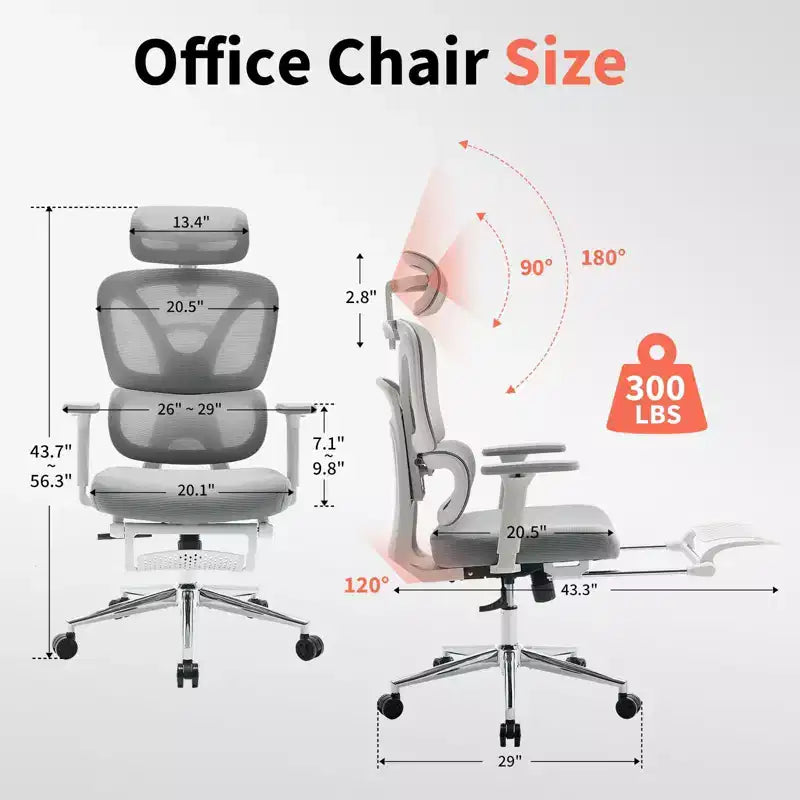 Chaise de Bureau Ergonomique en Maille Dossier Haut, Appui-tête Réglable, Accoudoirs 3D, Support Lombaire, Repose-pieds, Assise Respirante – Cadre Blanc/Maille Grise