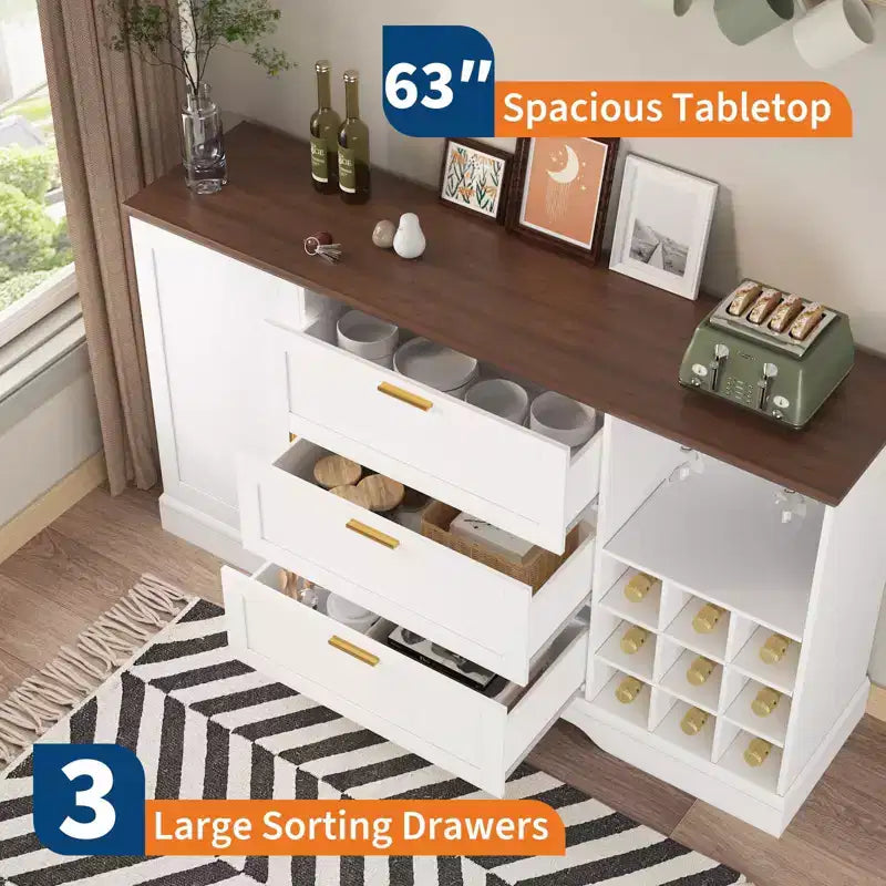 63 Sideboard Buffet Cabinet, Entryway Coffee Bar Cabinet with 3 Drawers & Wine Rack, Wooden Kitchen Island, Accent Credenza for Living Room