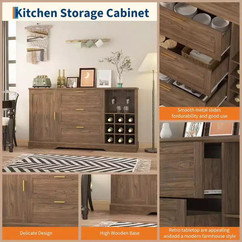 63 Sideboard Buffet Cabinet, Entryway Coffee Bar Cabinet with 3 Drawers & Wine Rack, Wooden Kitchen Island, Accent Credenza for Living Room