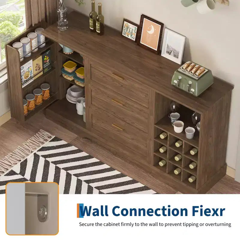 63 Sideboard Buffet Cabinet, Entryway Coffee Bar Cabinet with 3 Drawers & Wine Rack, Wooden Kitchen Island, Accent Credenza for Living Room