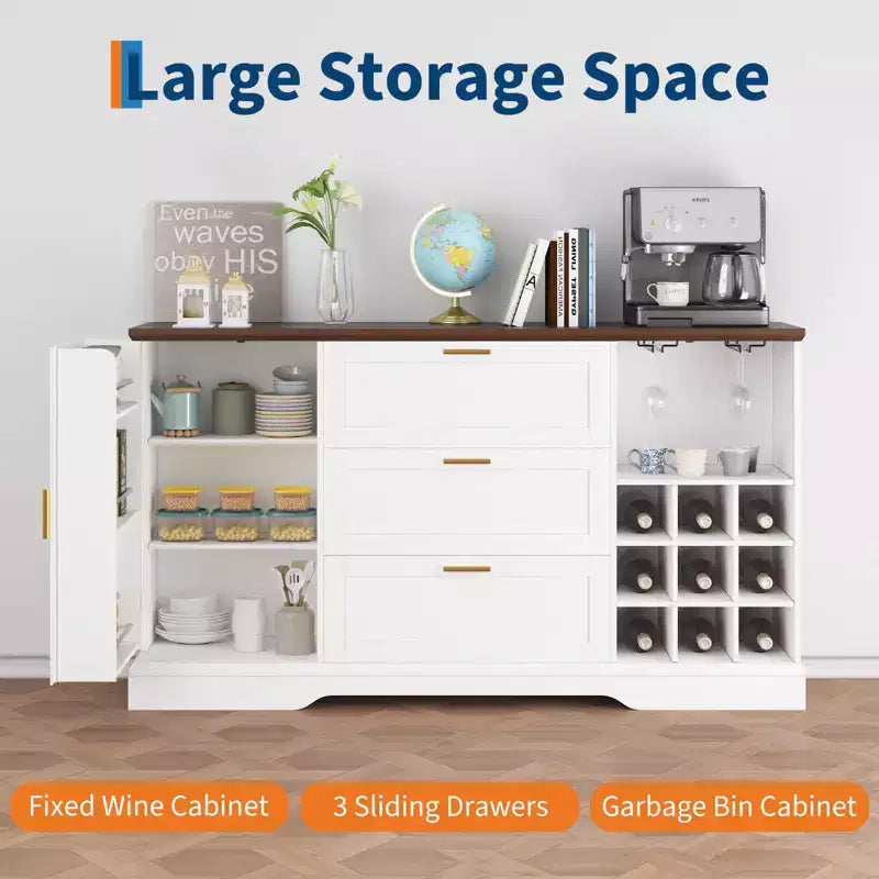 63 Sideboard Buffet Cabinet, Entryway Coffee Bar Cabinet with 3 Drawers & Wine Rack, Wooden Kitchen Island, Accent Credenza for Living Room