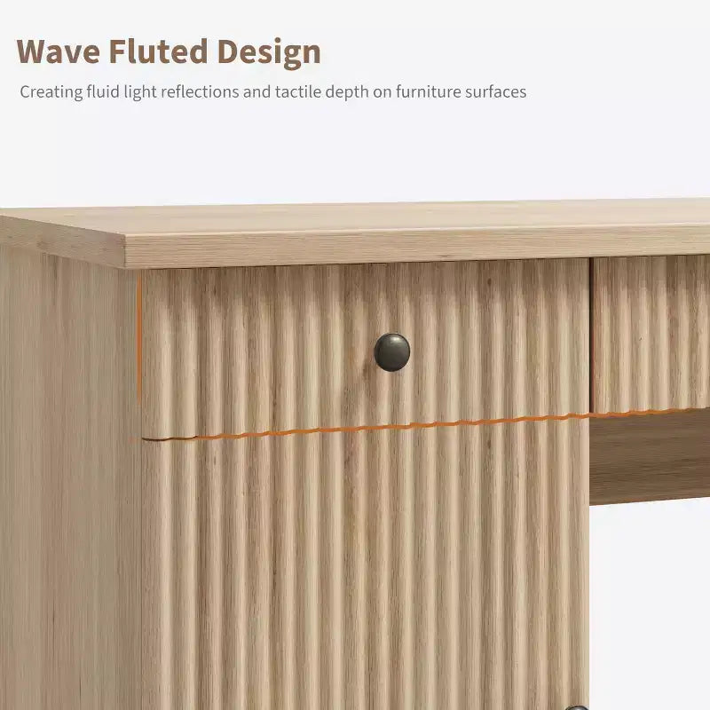 60 Executive Office Desk - Fluted Design with Charging Station, Wooden Desk for Home Office - Natural