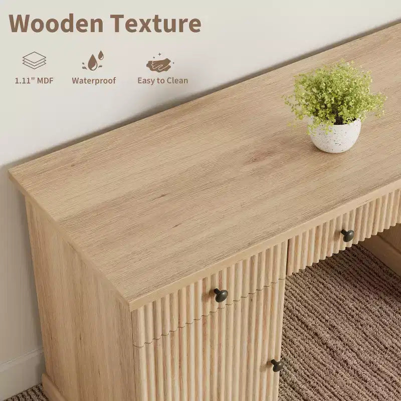 60 Executive Office Desk - Fluted Design with Charging Station, Wooden Desk for Home Office - Natural