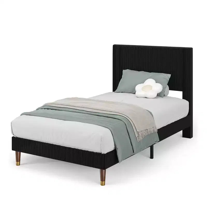 Modern Corduroy Upholstered Platform Bed Frame with Headboard  Sturdy Metal & Wooden Slats