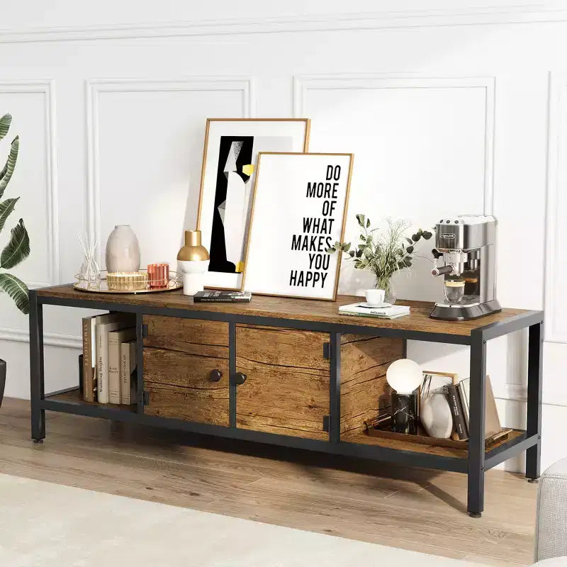 Meuble TV de 147 cm de large avec rangement, meuble TV moderne avec pieds réglables, compatible avec les téléviseurs jusqu'à 65 pouces pour le salon