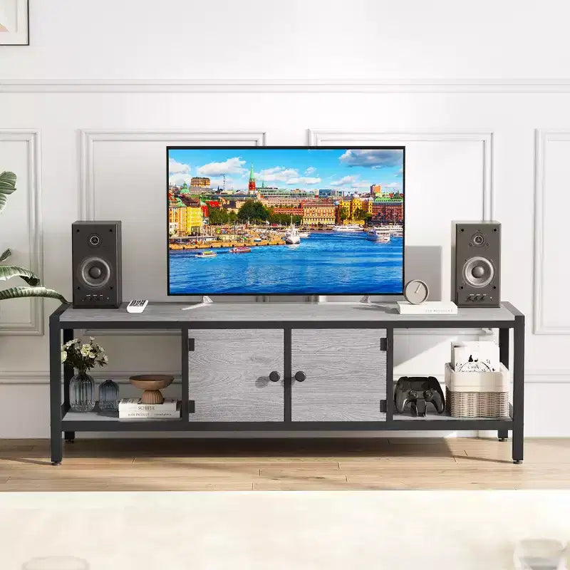 58-Inch Wide TV Console with Storage Cabinet, Modern Entertainment Center with Adjustable Feet, Compatible with TVs Up to 65 Inches for Living Room