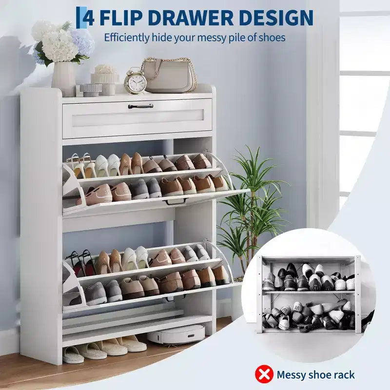 Shoe Cabinet for Entryway  [Number] Flip Drawers & Top Drawer, Wood Hidden Storage, Freestanding Narrow Organizer for Hallway, Living Room