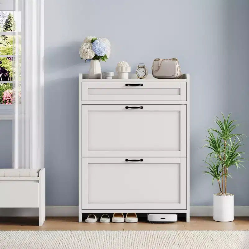 Shoe Cabinet for Entryway  [Number] Flip Drawers & Top Drawer, Wood Hidden Storage, Freestanding Narrow Organizer for Hallway, Living Room