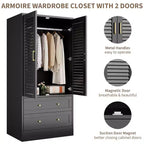 Spacious Wooden Wardrobe Closet  65 Louvered Doors, 2 Drawers, Hanging Rod, Durable Composite Wood, Bedroom/Laundry/Entryway Storage