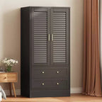 Spacious Wooden Wardrobe Closet  65 Louvered Doors, 2 Drawers, Hanging Rod, Durable Composite Wood, Bedroom/Laundry/Entryway Storage