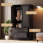 Spacious Wooden Wardrobe Closet  65 Louvered Doors, 2 Drawers, Hanging Rod, Durable Composite Wood, Bedroom/Laundry/Entryway Storage