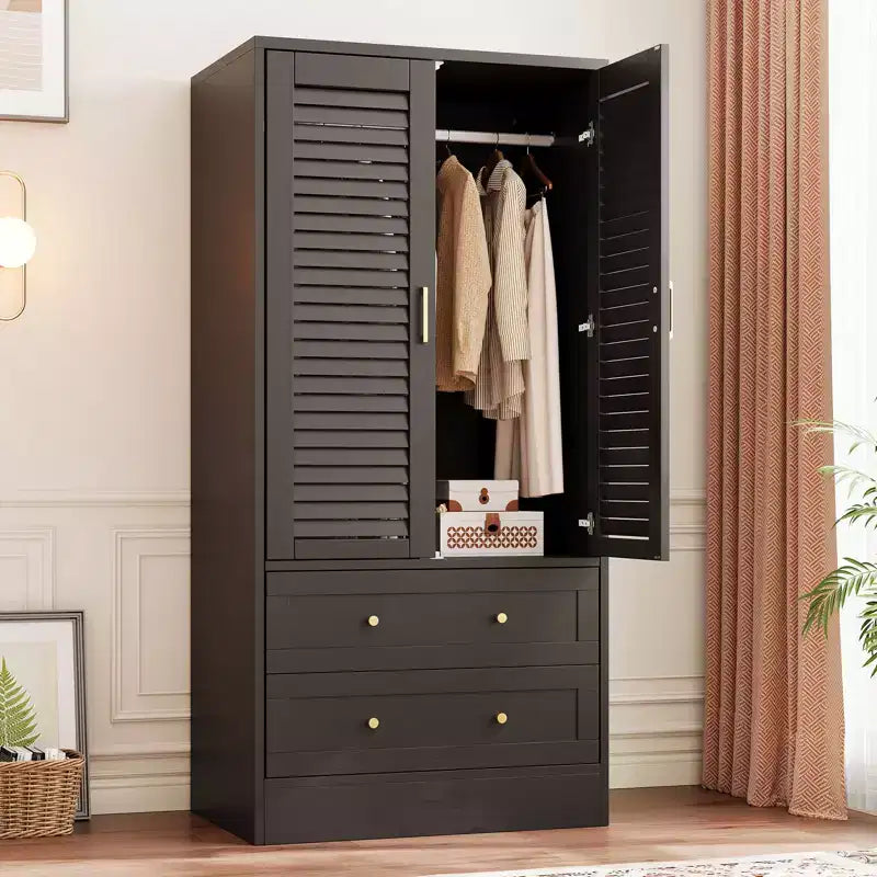 Spacious Wooden Wardrobe Closet  65 Louvered Doors, 2 Drawers, Hanging Rod, Durable Composite Wood, Bedroom/Laundry/Entryway Storage