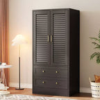Spacious Wooden Wardrobe Closet  65 Louvered Doors, 2 Drawers, Hanging Rod, Durable Composite Wood, Bedroom/Laundry/Entryway Storage