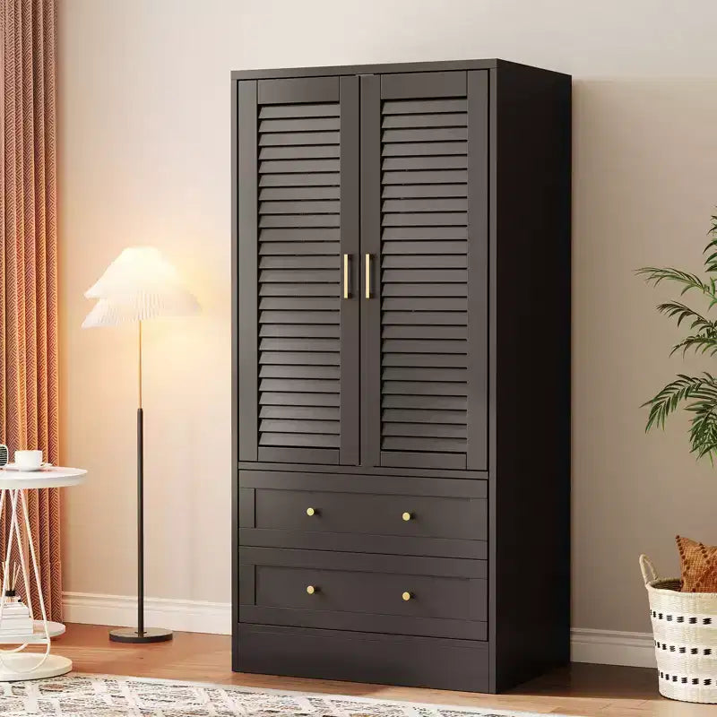 Spacious Wooden Wardrobe Closet  65 Louvered Doors, 2 Drawers, Hanging Rod, Durable Composite Wood, Bedroom/Laundry/Entryway Storage