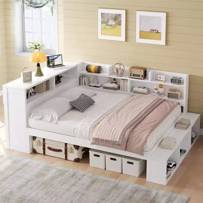 Whisen Full Daybed Frame Solid Wood Daybed with Storage Cabinets, Shoe Cabinet