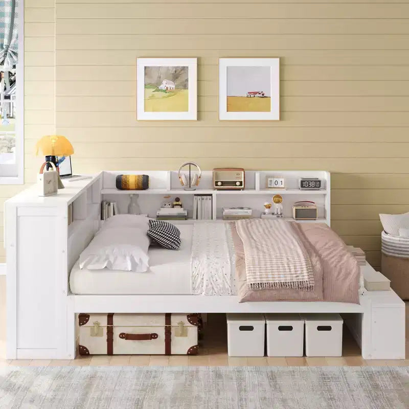 Whisen Full Daybed Frame Solid Wood Daybed with Storage Cabinets, Shoe Cabinet