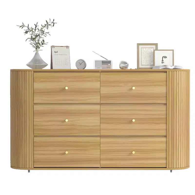 6 Drawer Dresser with Power Outlet  Large Vintage Farmhouse Chest  Curved Edge MDF, Durable Metal Handles  Bedroom or Living Room Storage Cabinet