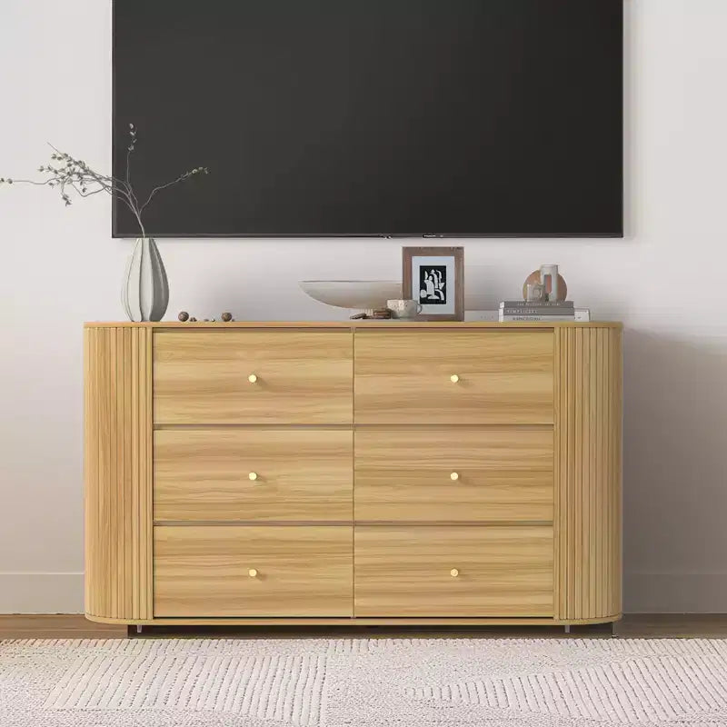 6 Drawer Dresser with Power Outlet  Large Vintage Farmhouse Chest  Curved Edge MDF, Durable Metal Handles  Bedroom or Living Room Storage Cabinet