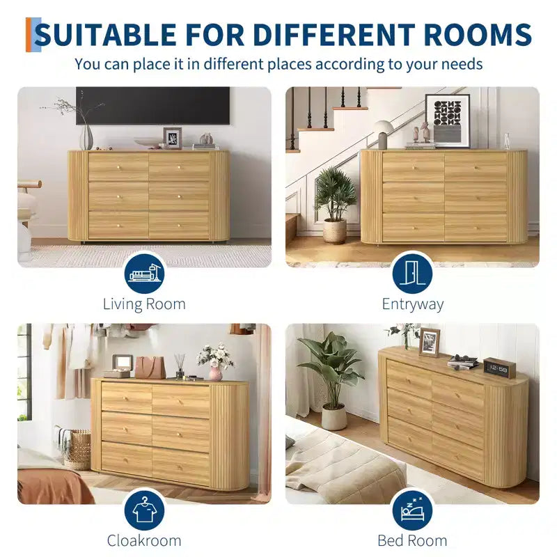 6 Drawer Dresser with Power Outlet  Large Vintage Farmhouse Chest  Curved Edge MDF, Durable Metal Handles  Bedroom or Living Room Storage Cabinet