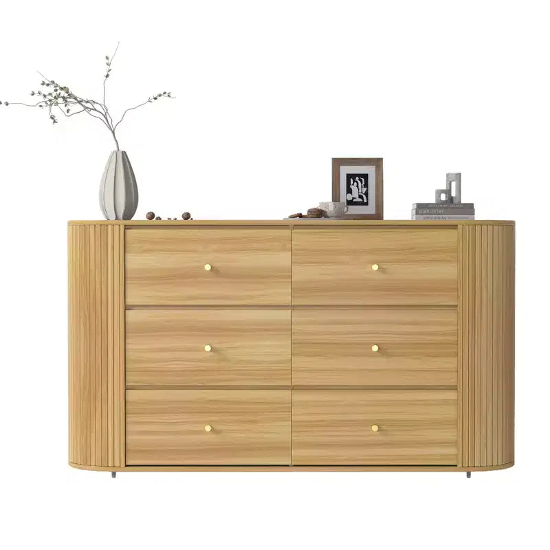 6 Drawer Dresser with Power Outlet  Large Vintage Farmhouse Chest  Curved Edge MDF, Durable Metal Handles  Bedroom or Living Room Storage Cabinet
