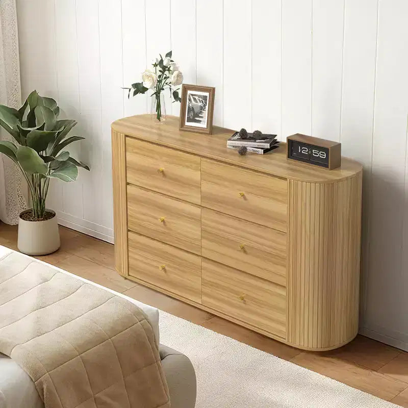 6 Drawer Dresser with Power Outlet  Large Vintage Farmhouse Chest  Curved Edge MDF, Durable Metal Handles  Bedroom or Living Room Storage Cabinet