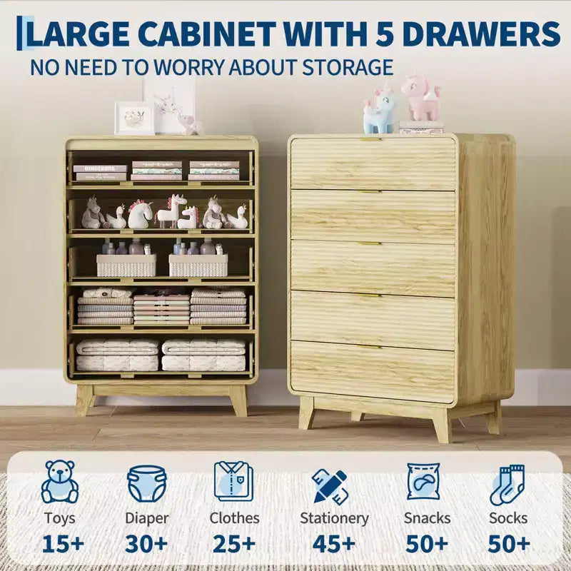Fluted 5 Drawers Dresser, Curved Profile Design, Modern Wood Storage Cabinet, for Living Room, Bedroom, Entryway