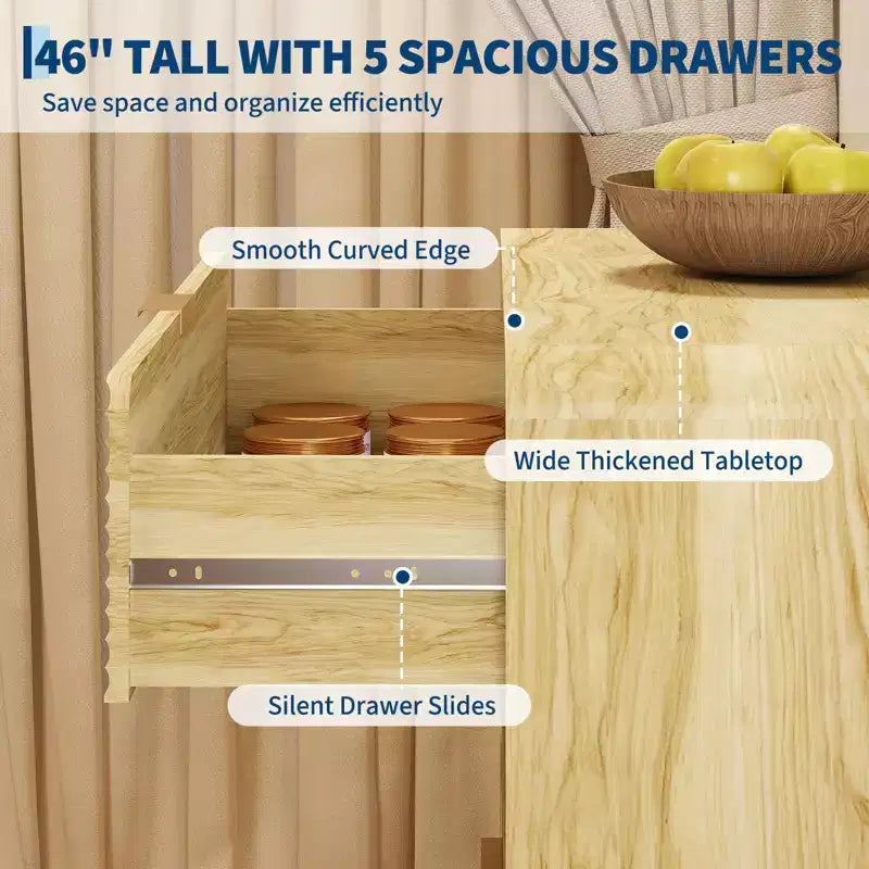 Fluted 5 Drawers Dresser, Curved Profile Design, Modern Wood Storage Cabinet, for Living Room, Bedroom, Entryway