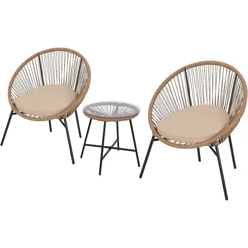 3-Piece Rattan Outdoor Bistro Set with Seat Cushions, 2 Chairs & Glass Coffee Table, Modern Wicker Lounge Furniture for Patio, Balcony, Brown