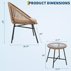 Ensemble bistrot d'extérieur 3 pièces en rotin avec coussins d'assise, 2 chaises et table basse en verre, mobilier de salon en osier moderne pour terrasse, balcon, marron