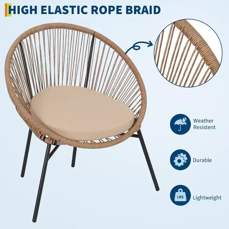 Ensemble bistrot d'extérieur 3 pièces en rotin avec coussins d'assise, 2 chaises et table basse en verre, mobilier de salon en osier moderne pour terrasse, balcon, marron