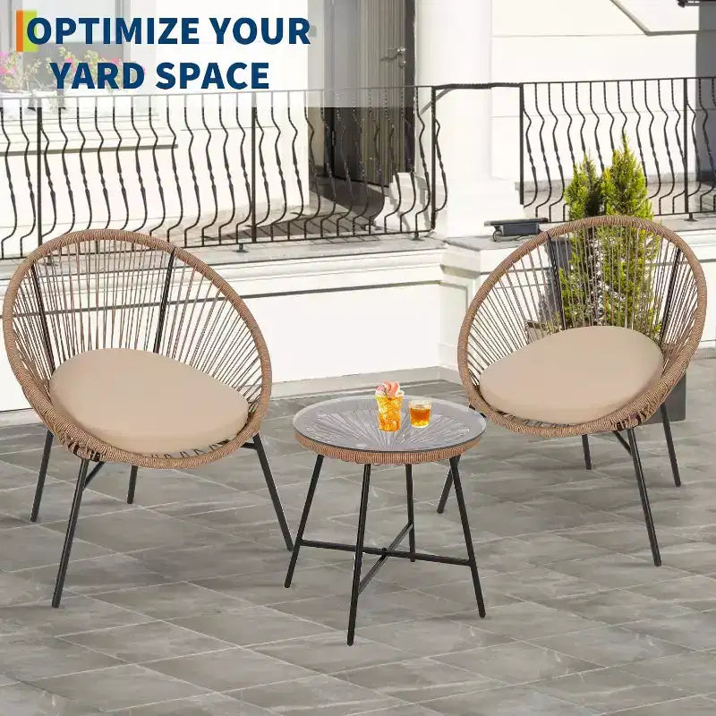 Ensemble bistrot d'extérieur 3 pièces en rotin avec coussins d'assise, 2 chaises et table basse en verre, mobilier de salon en osier moderne pour terrasse, balcon, marron