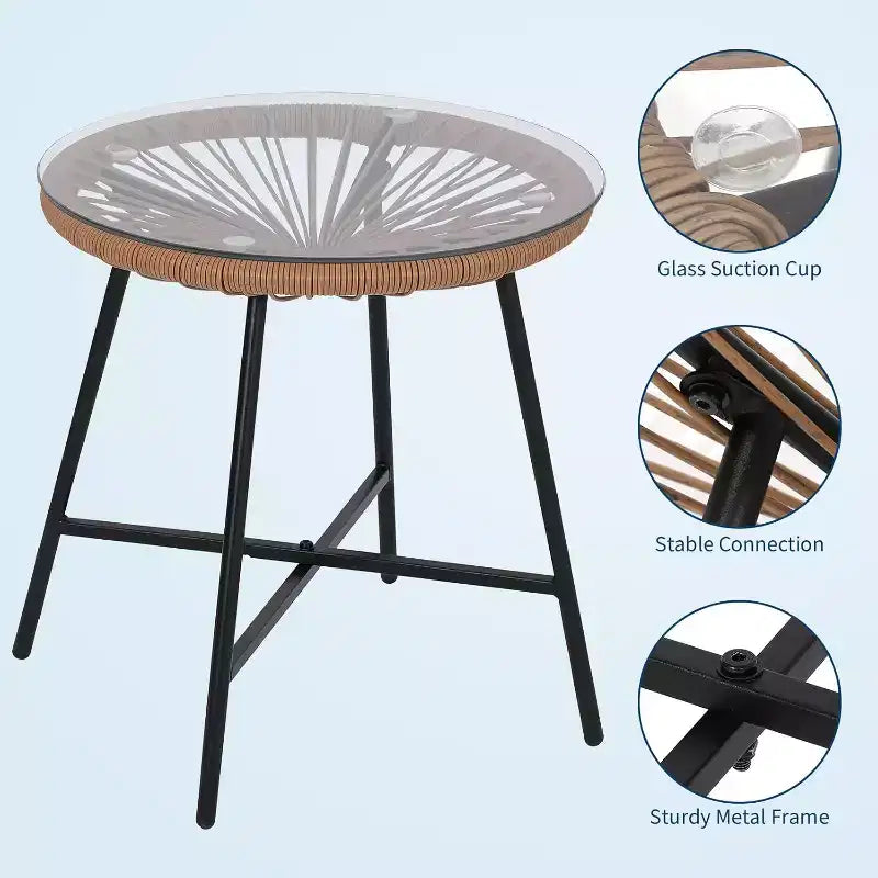 Ensemble bistrot d'extérieur 3 pièces en rotin avec coussins d'assise, 2 chaises et table basse en verre, mobilier de salon en osier moderne pour terrasse, balcon, marron