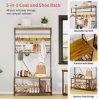 5-in-1 Entryway Hall Tree with Bench, Coat Rack, Adjustable Shoe Storage Shelf, Hanging Rod & 9 Hooks, for Hallway, Mudroom & Bedroom