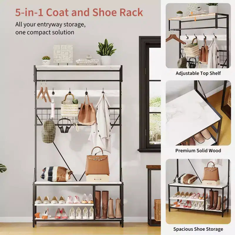 5-in-1 Entryway Hall Tree with Bench, Coat Rack, Adjustable Shoe Storage Shelf, Hanging Rod & 9 Hooks, for Hallway, Mudroom & Bedroom