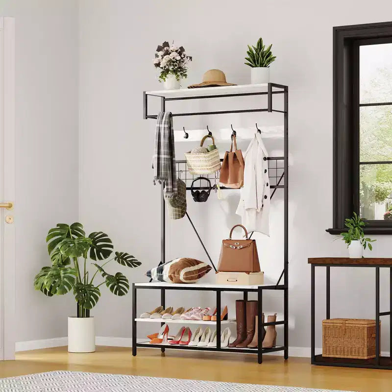 5-in-1 Entryway Hall Tree with Bench, Coat Rack, Adjustable Shoe Storage Shelf, Hanging Rod & 9 Hooks, for Hallway, Mudroom & Bedroom