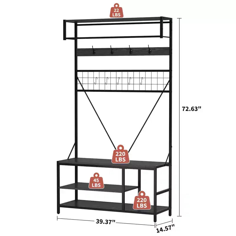 5-in-1 Entryway Hall Tree with Bench, Coat Rack, Adjustable Shoe Storage Shelf, Hanging Rod & 9 Hooks, for Hallway, Mudroom & Bedroom