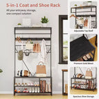 5-in-1 Entryway Hall Tree with Bench, Coat Rack, Adjustable Shoe Storage Shelf, Hanging Rod & 9 Hooks, for Hallway, Mudroom & Bedroom