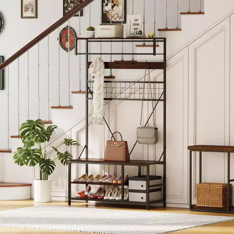 5-in-1 Entryway Hall Tree with Bench, Coat Rack, Adjustable Shoe Storage Shelf, Hanging Rod & 9 Hooks, for Hallway, Mudroom & Bedroom