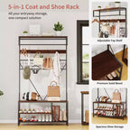 5-in-1 Entryway Hall Tree with Bench, Coat Rack, Adjustable Shoe Storage Shelf, Hanging Rod & 9 Hooks, for Hallway, Mudroom & Bedroom