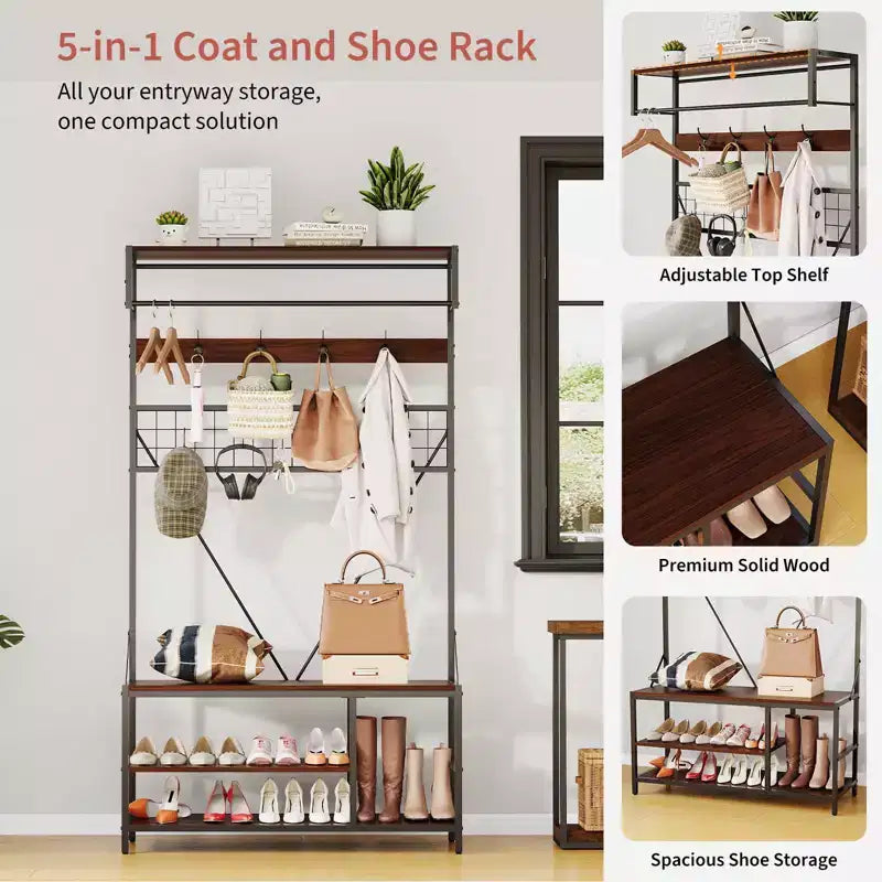 5-in-1 Entryway Hall Tree with Bench, Coat Rack, Adjustable Shoe Storage Shelf, Hanging Rod & 9 Hooks, for Hallway, Mudroom & Bedroom