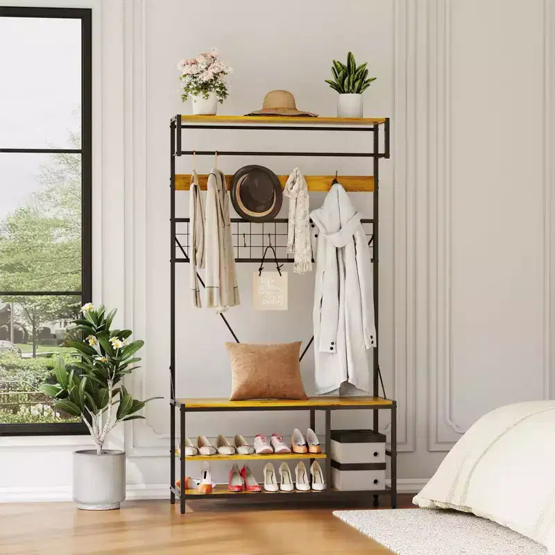 5-in-1 Entryway Hall Tree with Bench, Coat Rack, Adjustable Shoe Storage Shelf, Hanging Rod & 9 Hooks, for Hallway, Mudroom & Bedroom